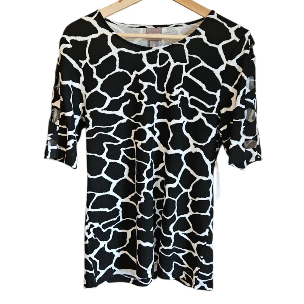 NEW! Chico's Size 2 Large 12 14 Black White Giraffe Diamond Cutout Sleeve Top
